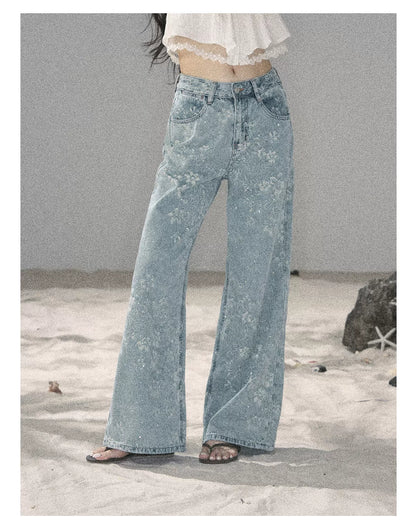 American Style Rhinestone Floral Denim Pants