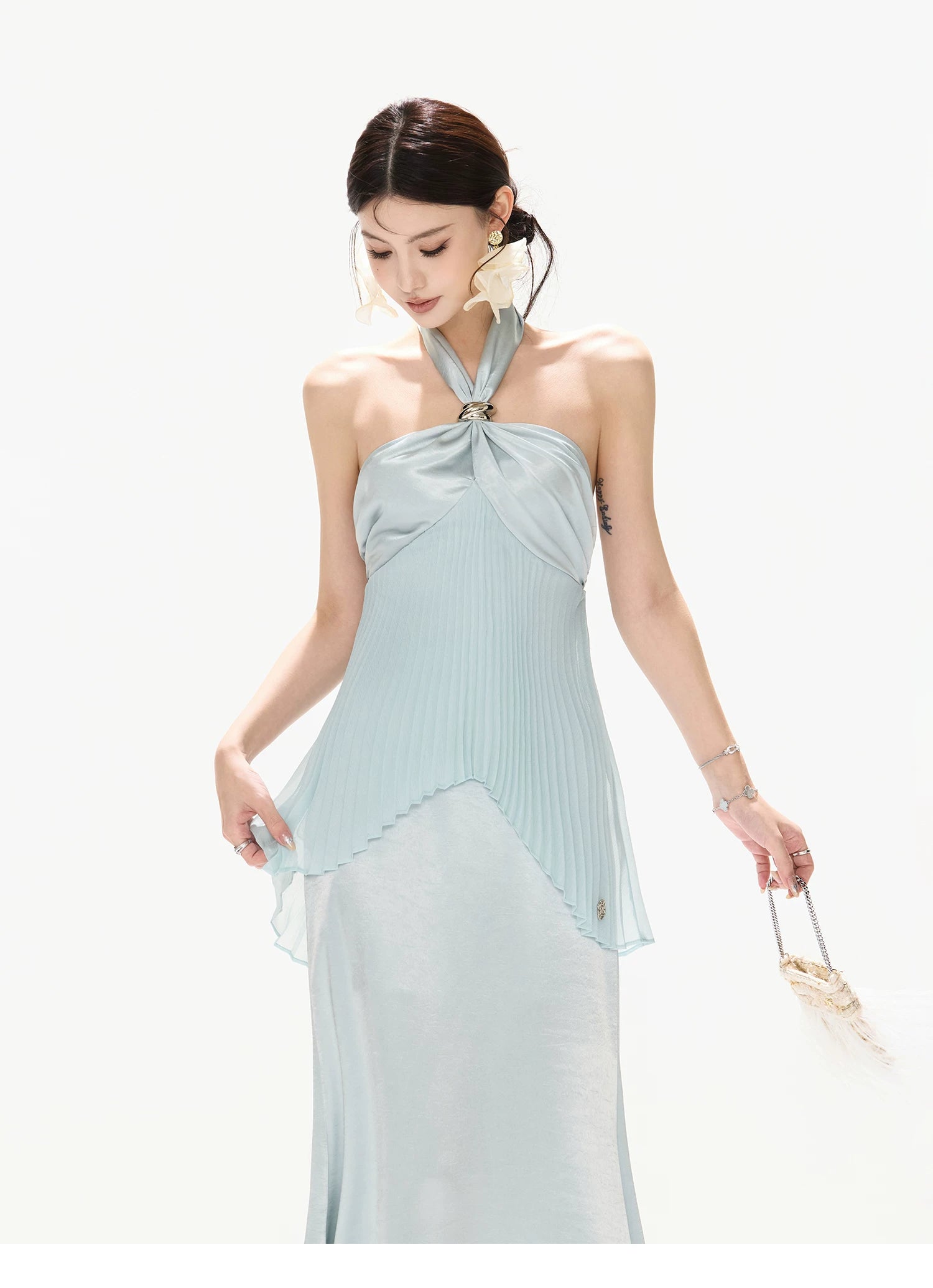 Misty Blue Pleated Halter Satin Long Dress