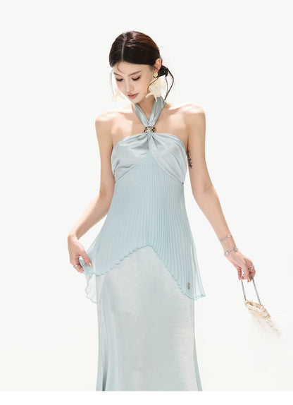 Misty Blue Pleated Halter Satin Long Dress