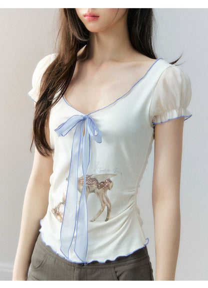 Korean Lyocell Deer Print Ribbon T-Shirt