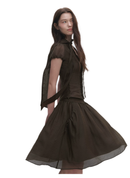 Tie-Neck Flared Skirt Set