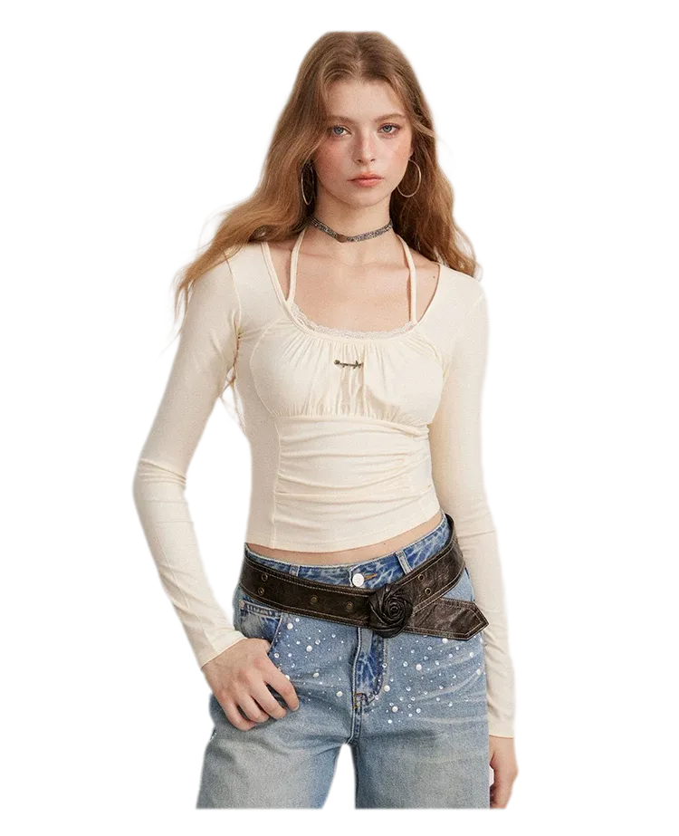 Ruching Lace Trim Long-Sleeve Top