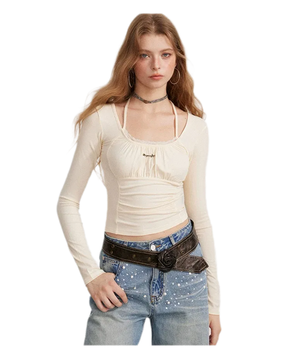Ruching Lace Trim Long-Sleeve Top