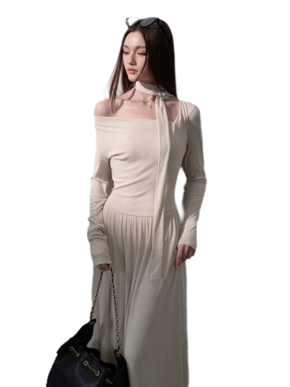 Robe longue côtelée à ruban