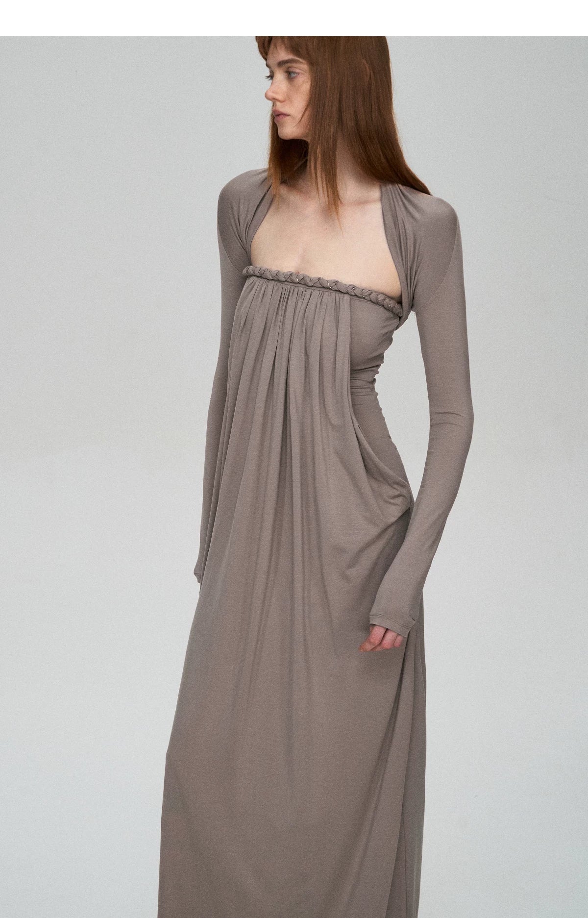 Sculptural 93% Lyocell Pleated Long Dress