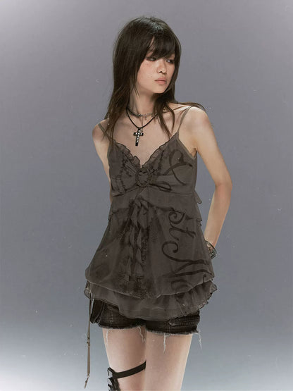 Graffiti Mesh Ruffle Camisole