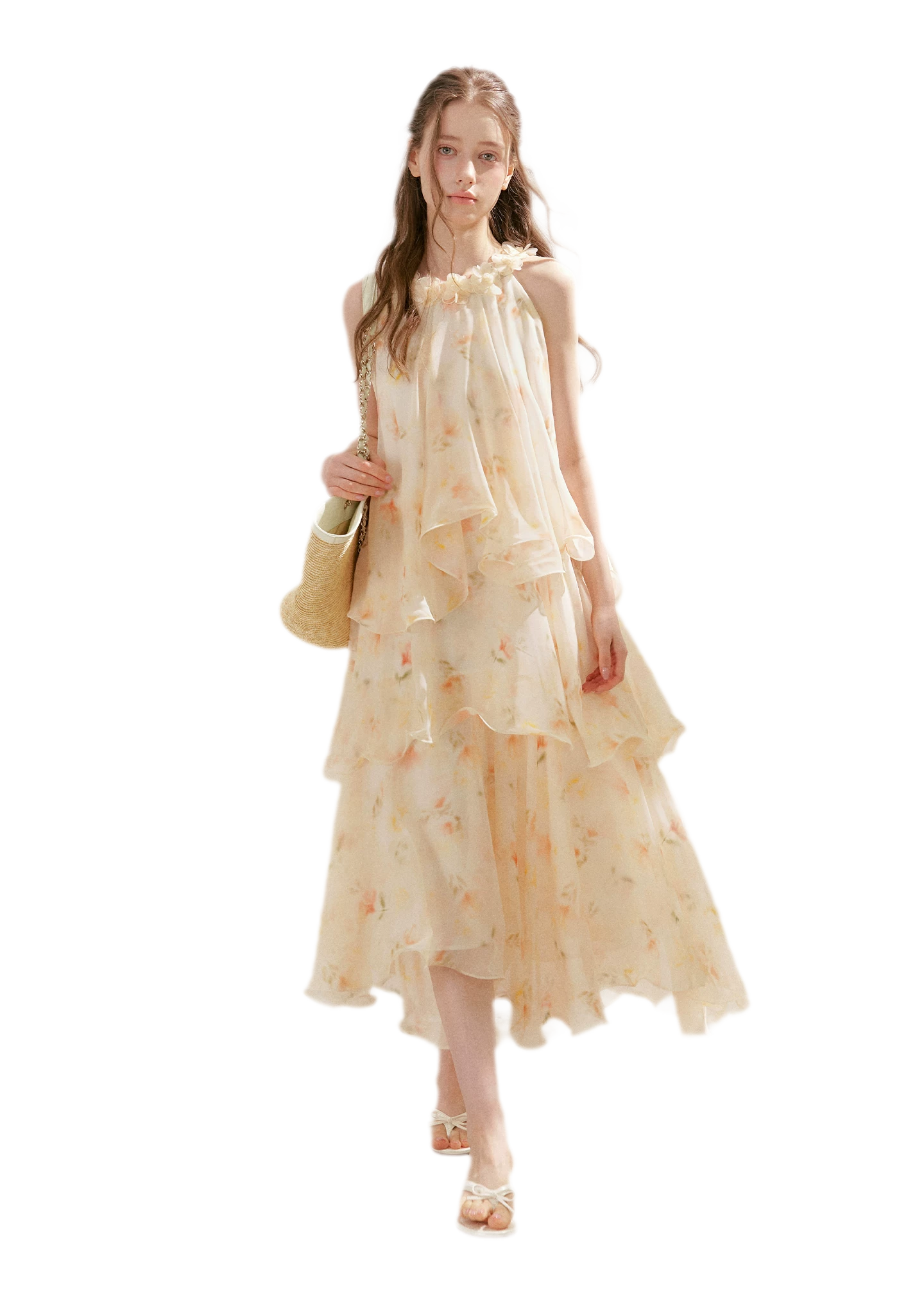 Chiffon Floral Halter Long Dress
