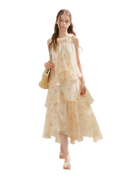 Chiffon Floral Halter Long Dress