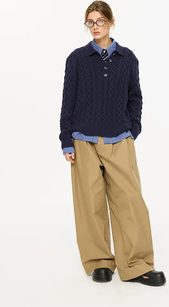 Chunky Cable Knit Polo Sweater