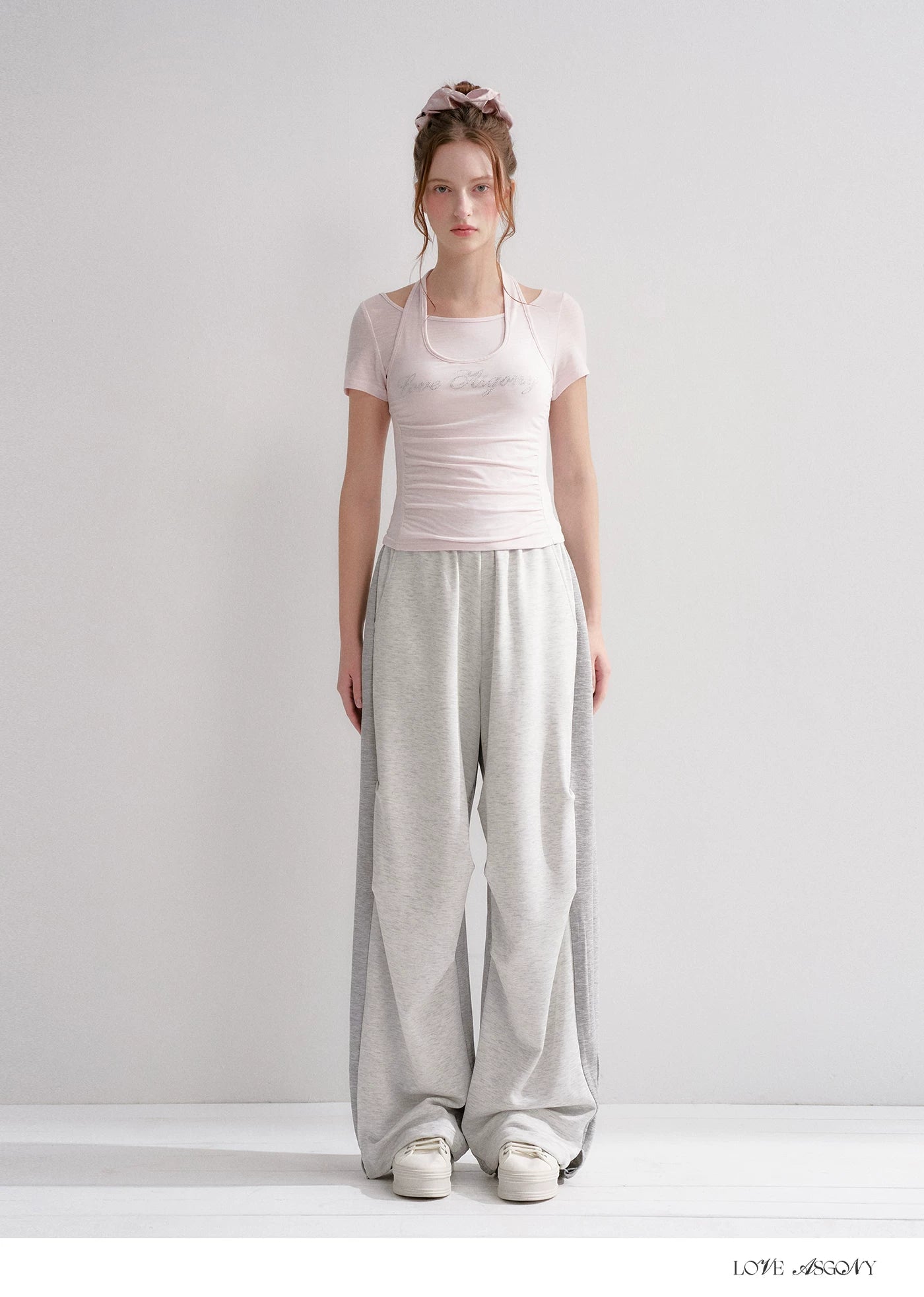 Lyocell Rhinestone Pleated Short Sleeve T-Shirt