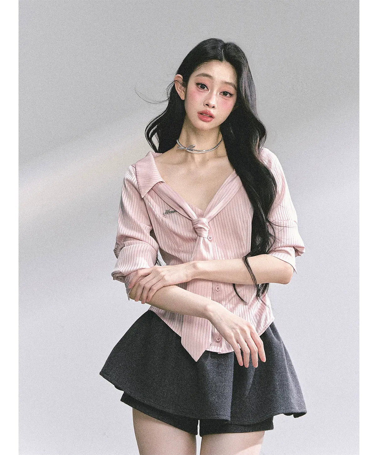 Satin Striped Tie Shirt