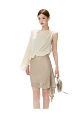 CYNR Sheer Drape Off-Shoulder Dress – view 14