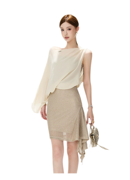 CYNR Sheer Drape Off-Shoulder Dress – view 14
