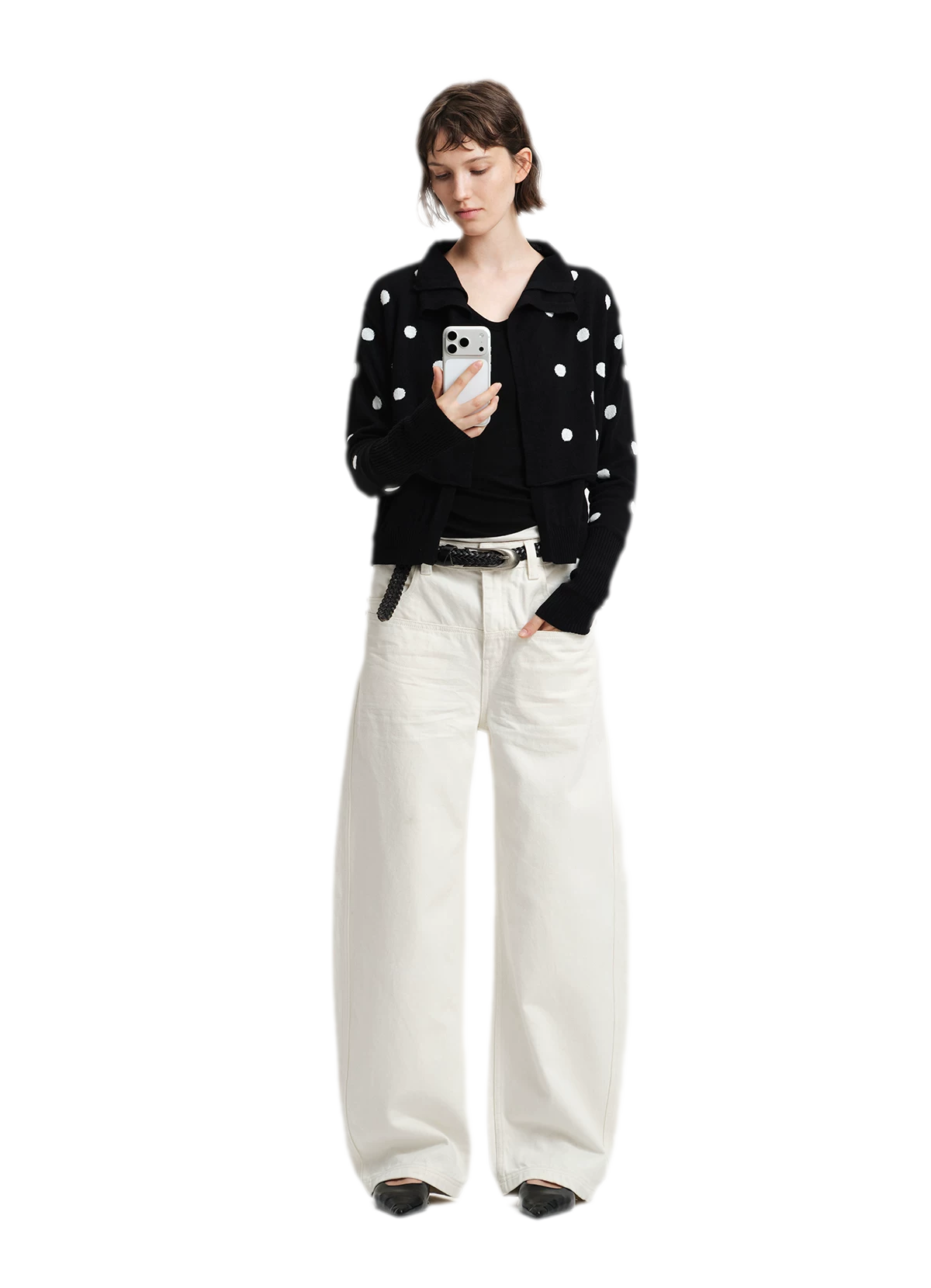Cardigan in maglia drappeggiato a pois