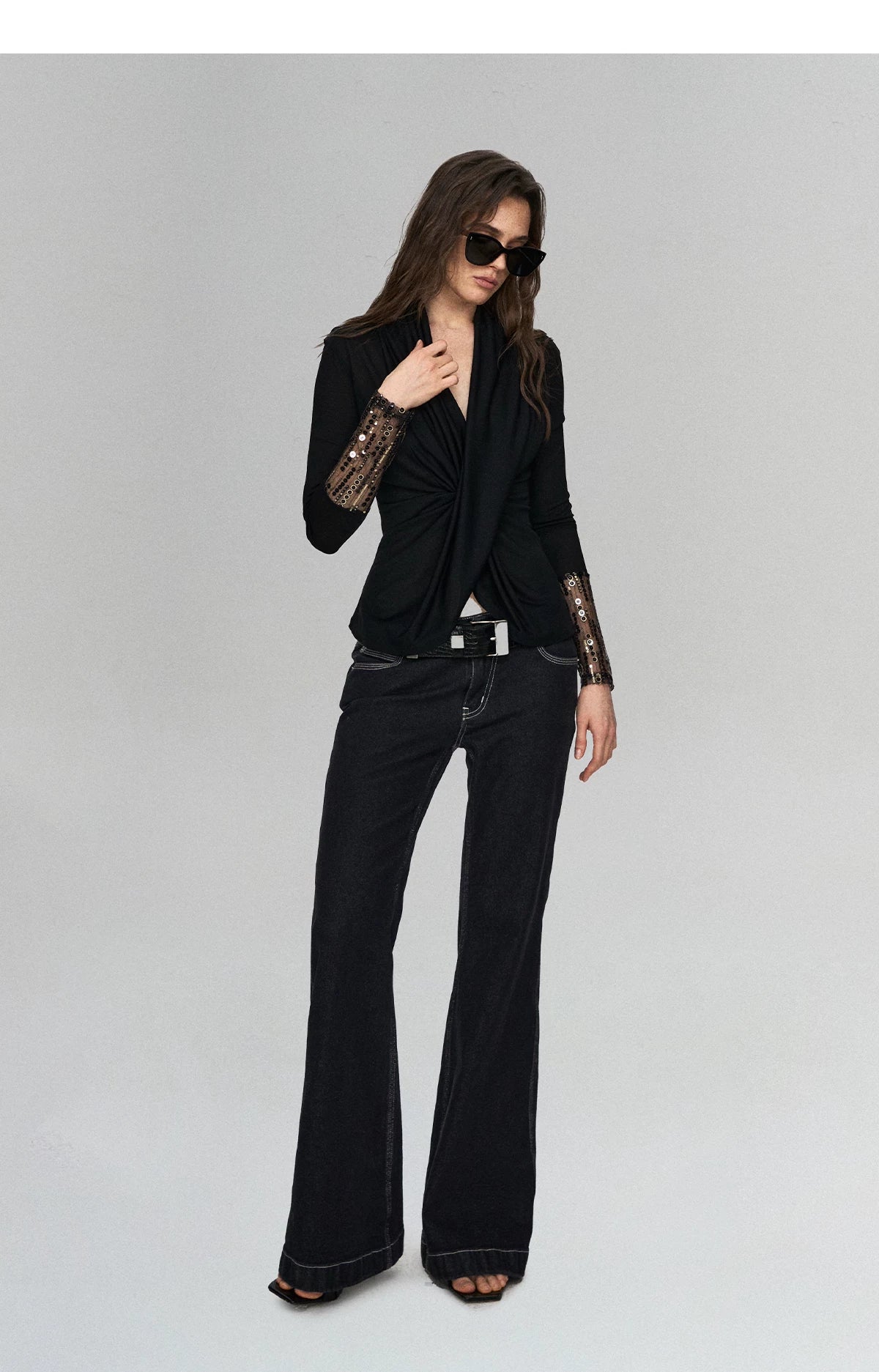 Embroidered Acetate Silk Cross-Knot Long Sleeve T-Shirt