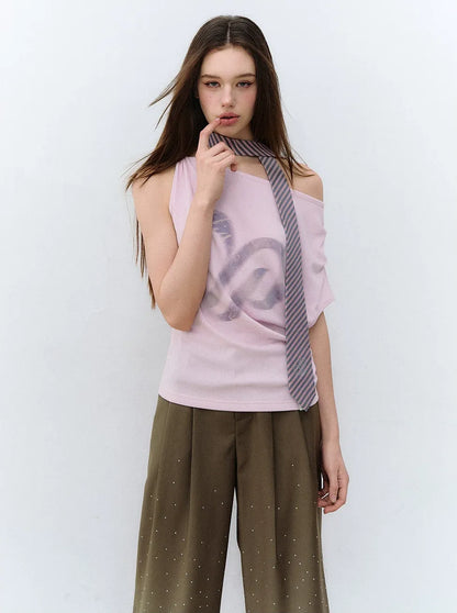 Asymmetric Shoulder Heart Logo Ruched Waist T-shirt