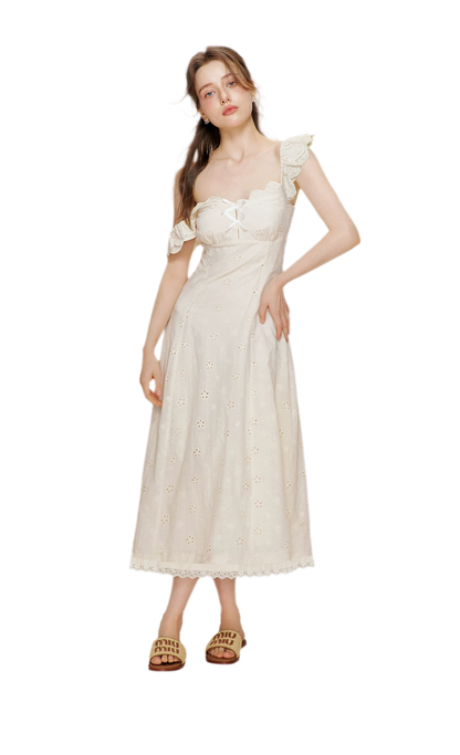 Embroidered Lace Flutter Sleeve Dress