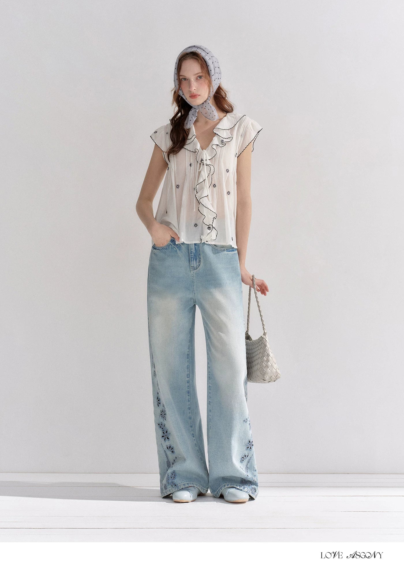 Cotton-Feel Embroidered Ruffle Sleeve Blouse