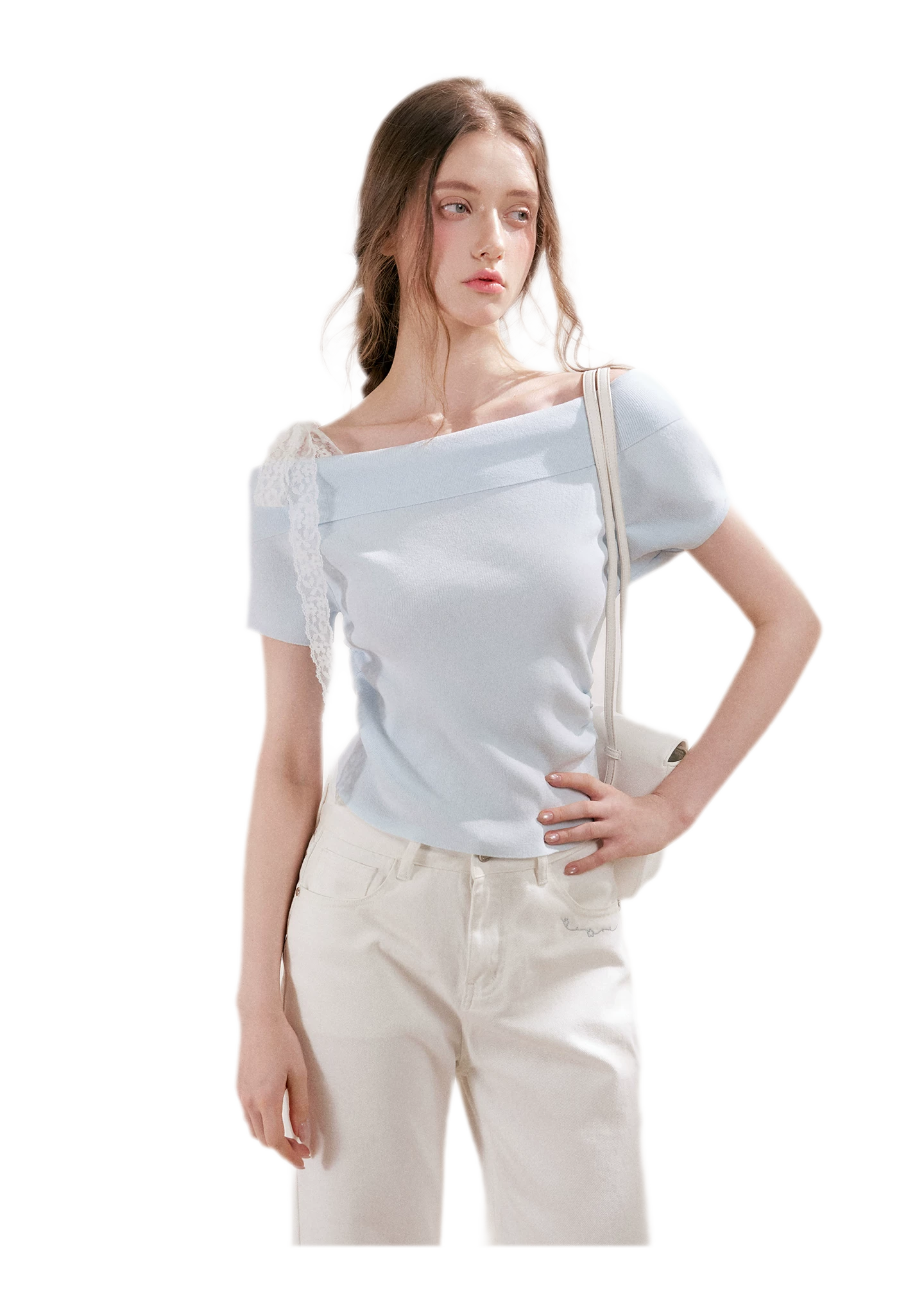 Lace Trim Ruched Knit Top