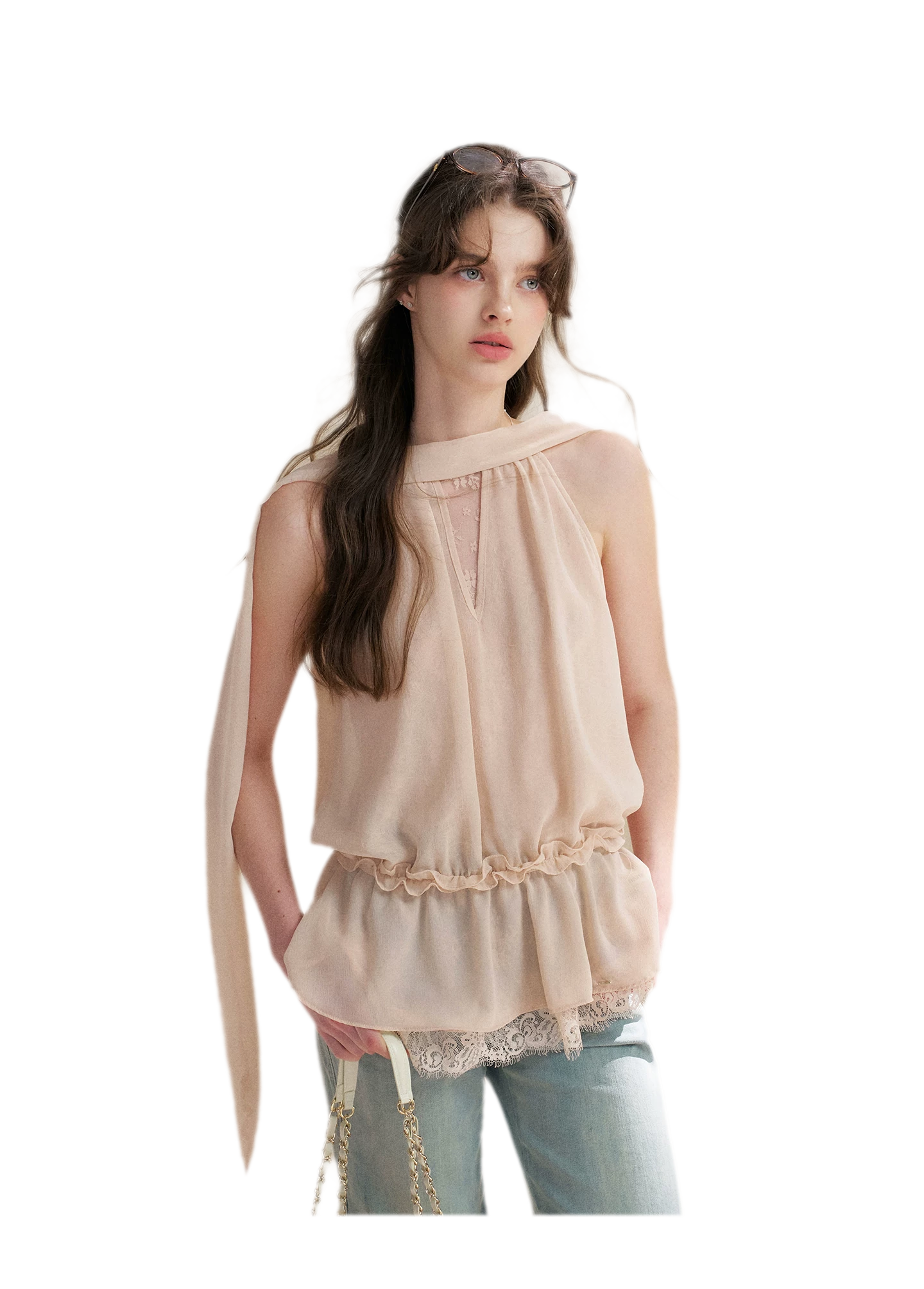 Chiffon Lace Halter V-Neck Blouse