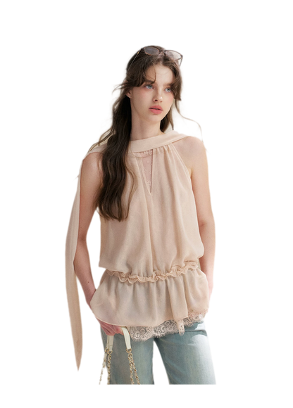Chiffon Lace Halter V-Neck Blouse