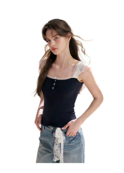Lace Edge Wide Strap Knit T-Shirt