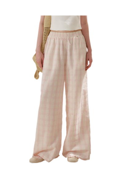 Linen Checkered High-Waist Wide-Leg Pants