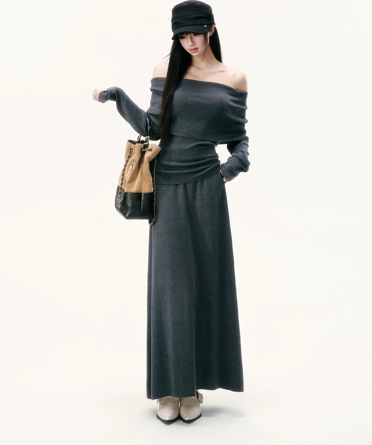 Wool Blend Off-Shoulder Skirt Set