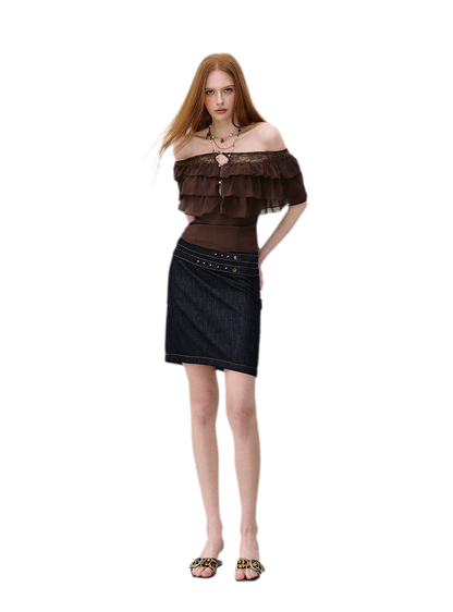 Layered Chiffon Lace Off-Shoulder T-Shirt