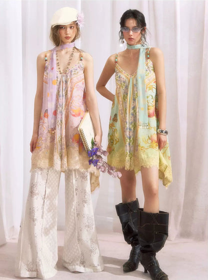 Peach Branch Print Metallic Chiffon Dress