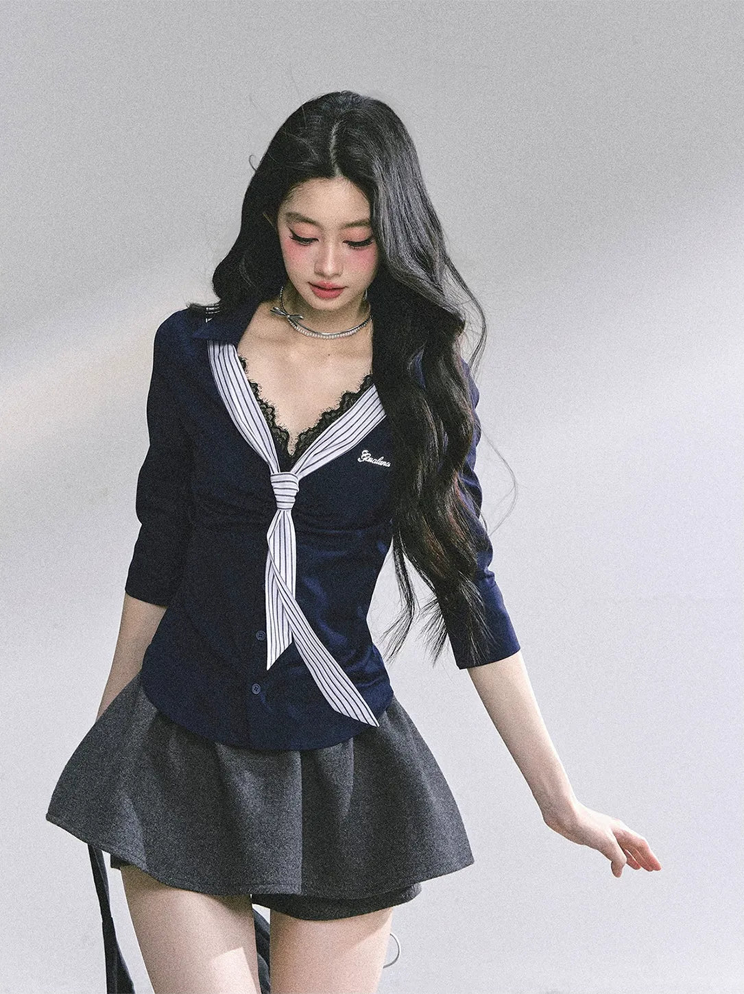 細條紋蕾絲 Polo 衫