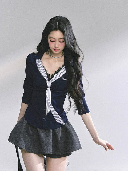 細條紋蕾絲 Polo 衫