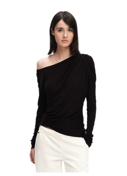 Wool Lyocell Ruched Shoulder Top