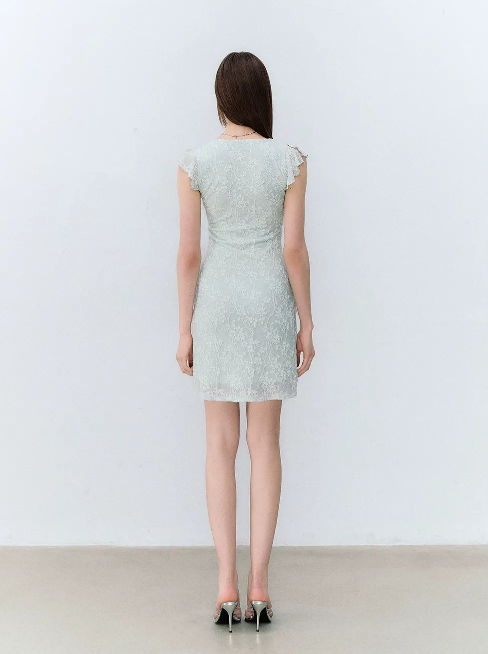 Lace-Trim Jacquard Knit Waist-Cinched Dress