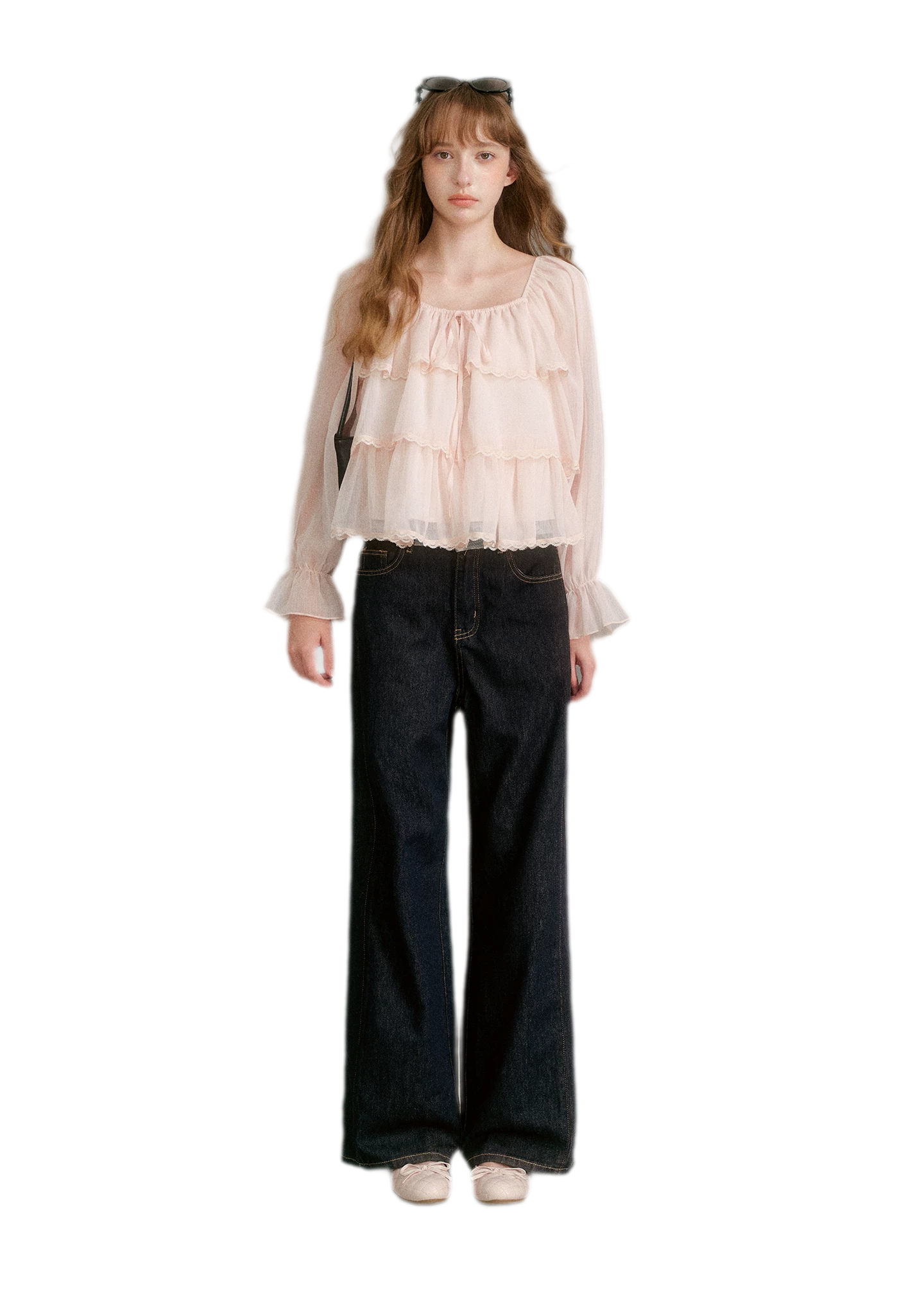 Chiffon Ruffle Lantern Sleeve Blouse