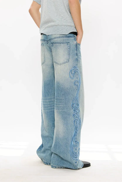 Washed Embroidered Wide-Leg Jeans
