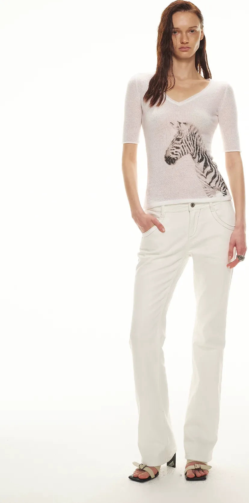 Stylish Zebra Print V-Neck Mohair Wool Blend Sweater