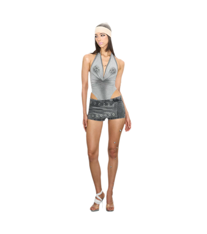 Washed Denim Curved Shorts