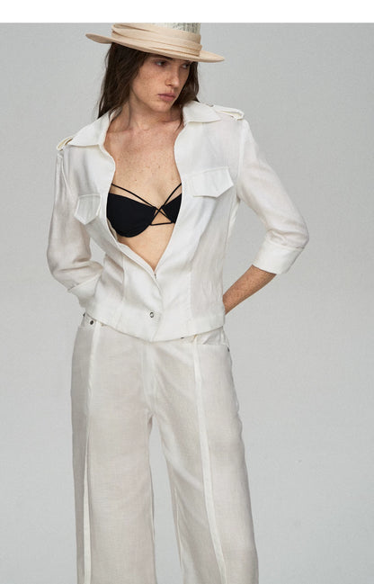Tencel Linen Cool-Feel Mid-Sleeve Shirt &amp; High-Waist Wide-Leg