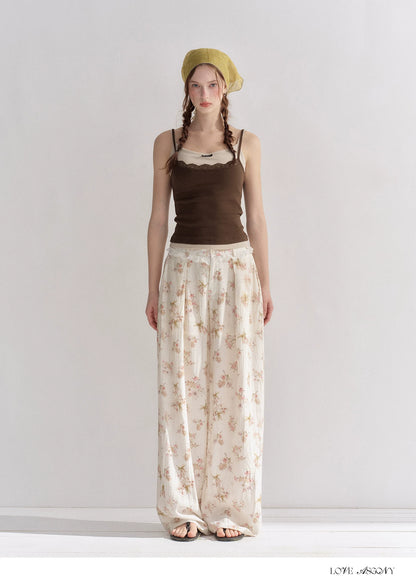 Lightweight Printed Wide-Leg Pants with Lace Waistband