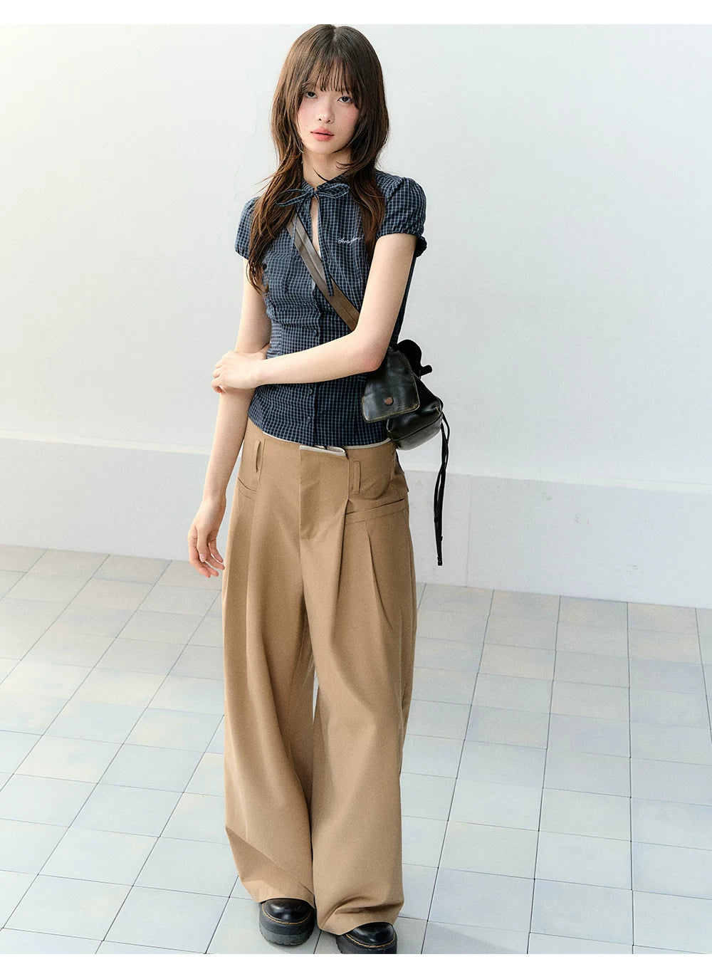 Retro Plaid Tie-Waist Hollow Waist Shirt