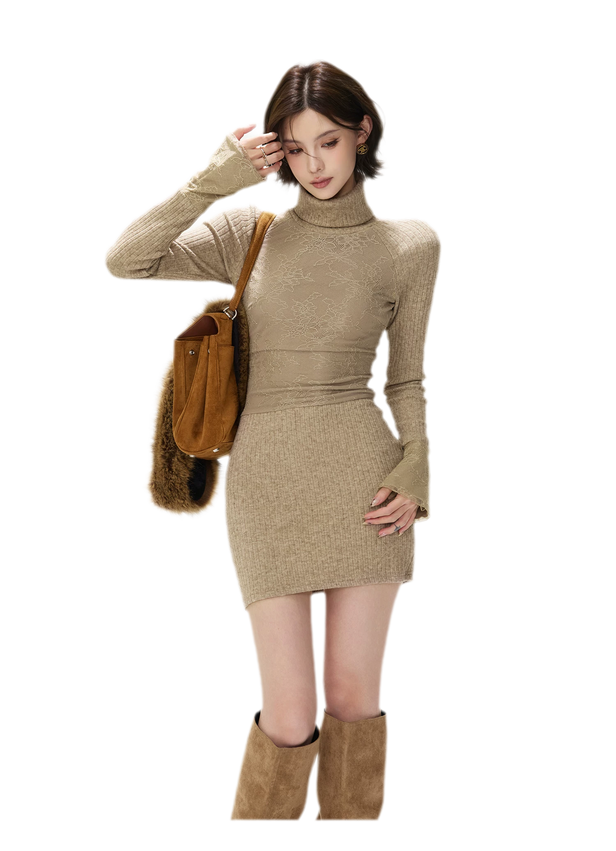 Lace Panel Ribbed Mini Dress — Load image 10 in gallery view