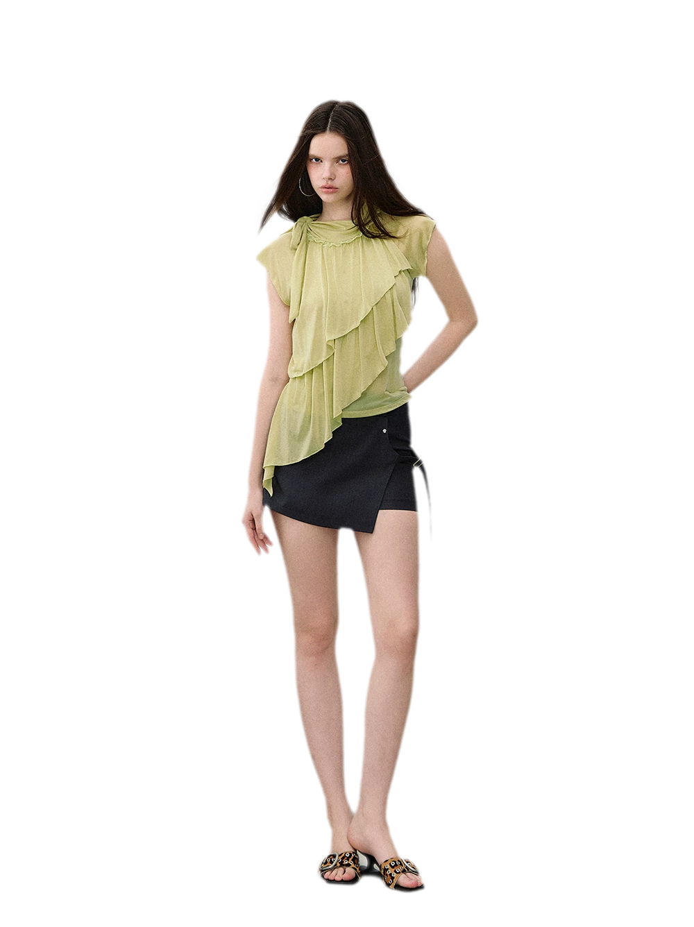 Ruffle Tie-Neck Tencel Short Sleeve Top