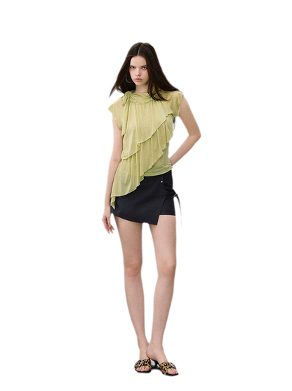 Ruffle Tie-Neck Tencel Short Sleeve Top