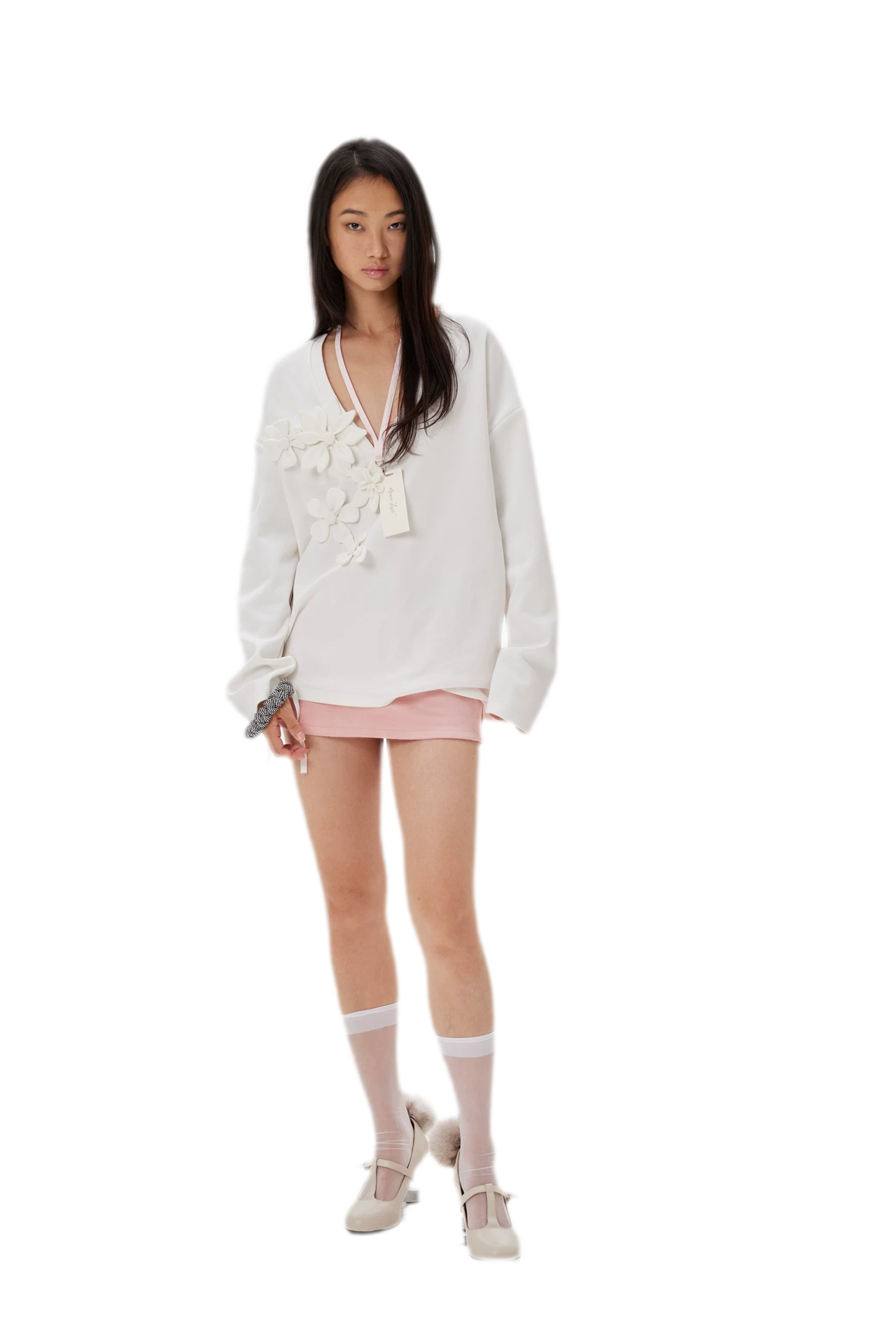 Handmade Flower Appliqué V-Neck Sweatshirt