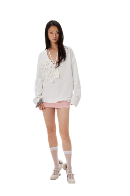 Handmade Flower Appliqué V-Neck Sweatshirt