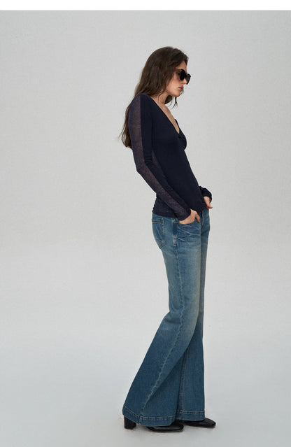 Wool Lyocell V-Neck Long Sleeve Top with Lace