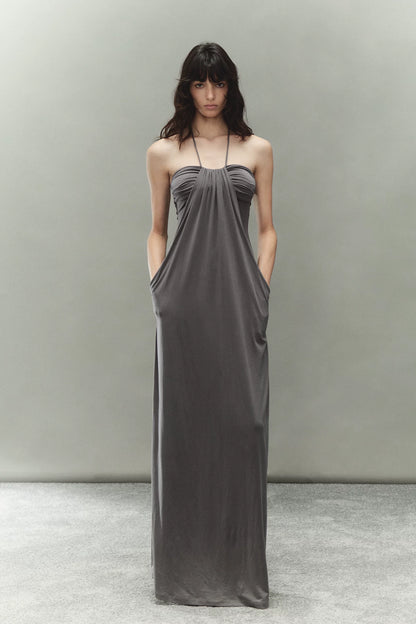 Laisel Handwoven Twist Metallic Chain Pleated Halter Dress
