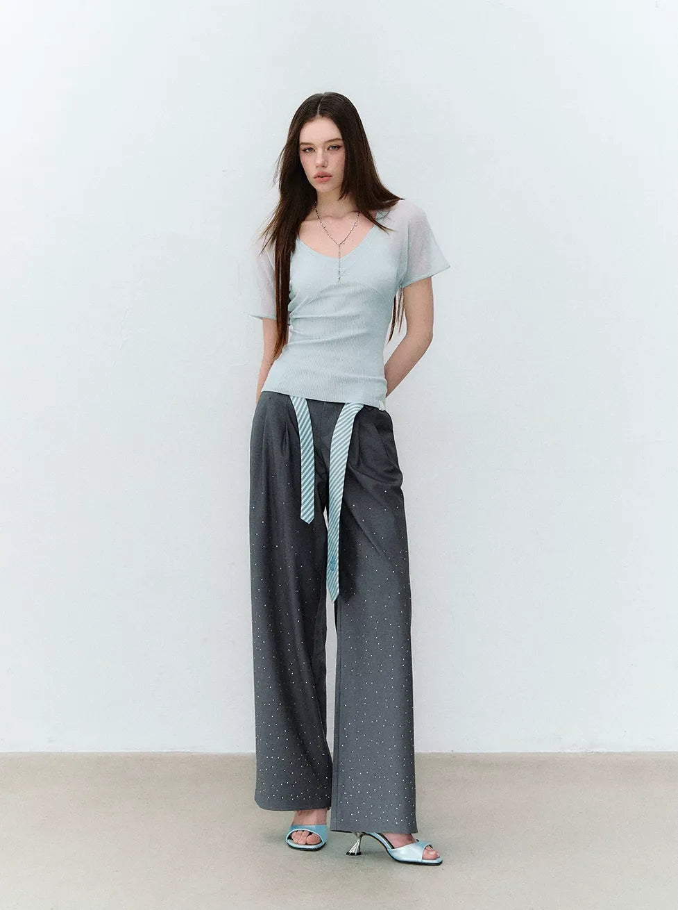 Rhinestone Pleated Waistband Wide-Leg Pants