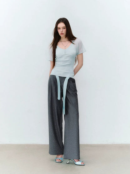 Rhinestone Pleated Waistband Wide-Leg Pants